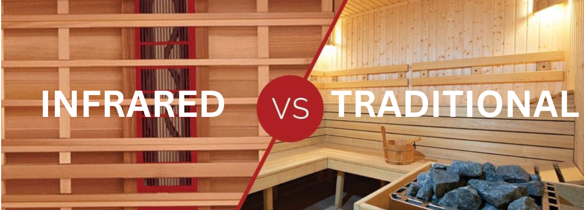 sauna with infrared light heat source next to sauna with coals as heat source