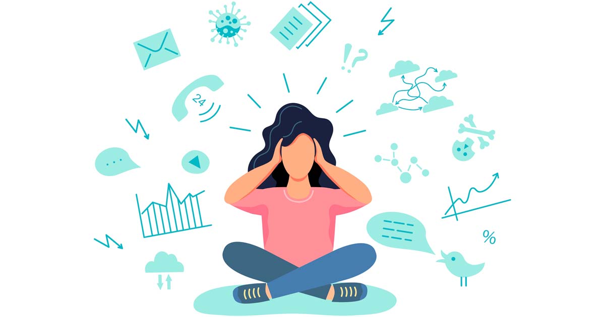 person sitting cross-legged with hands on head with images surrounding her